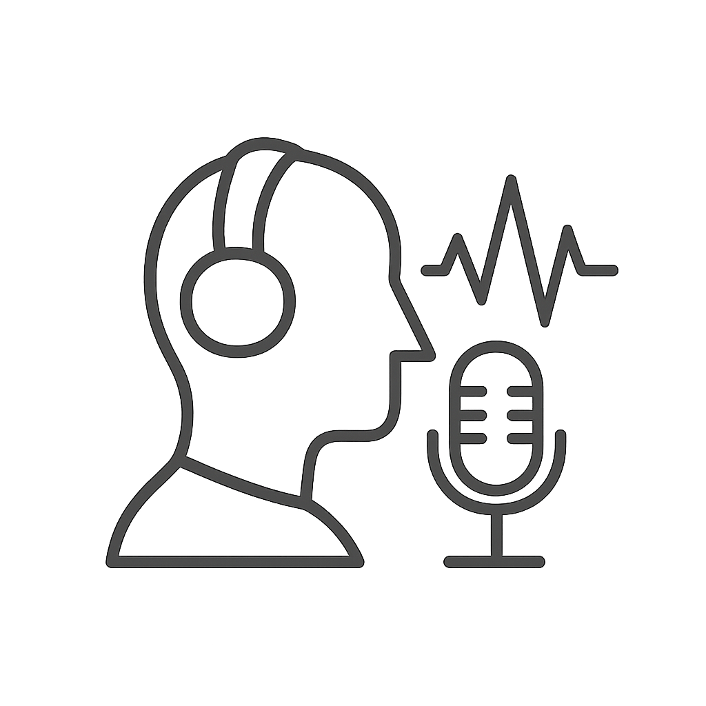 A gray line drawing of a head wearing headphones with a microphone and audio waveform in the background.